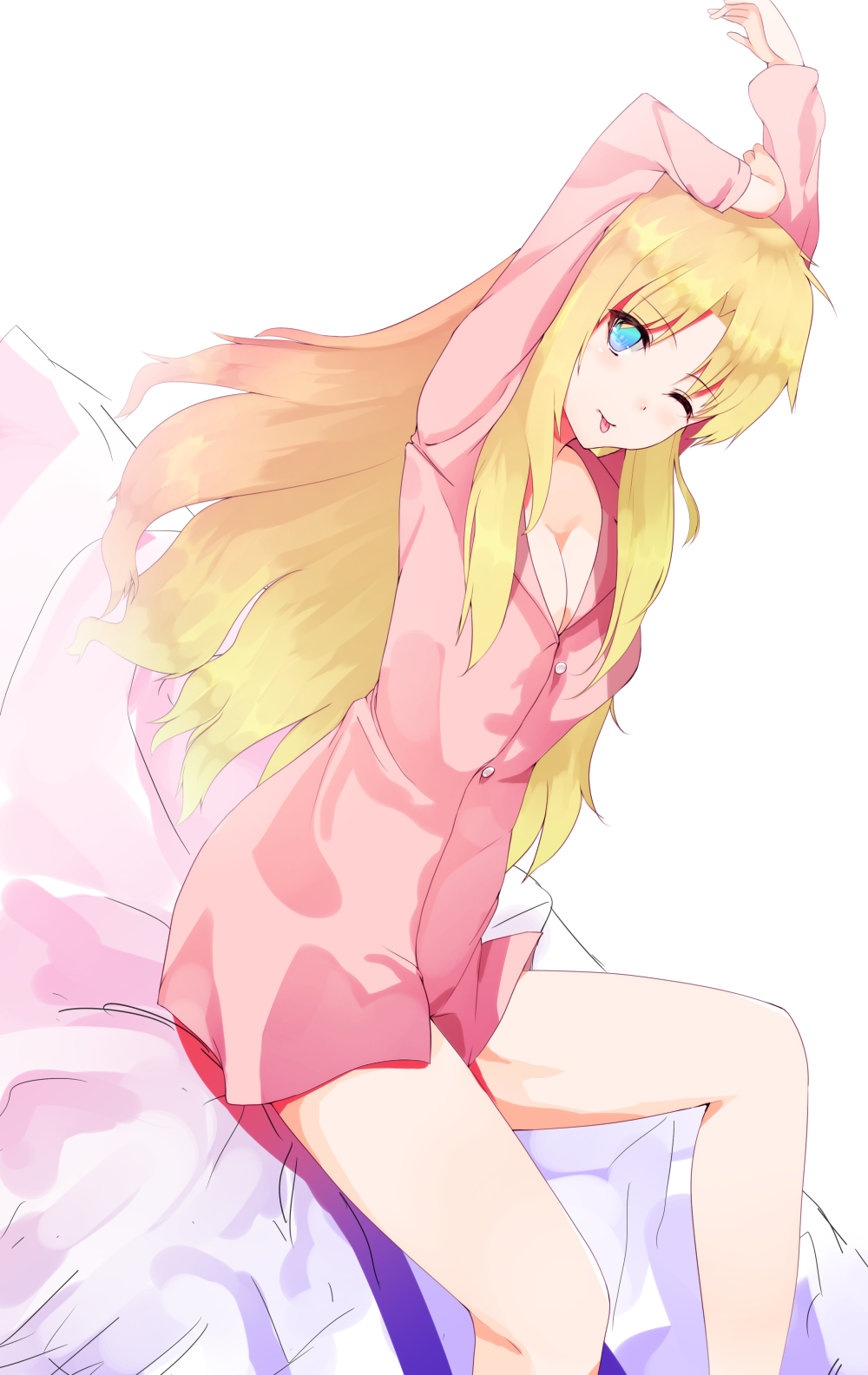 1girl, blonde_hair, blue_eyes, breasts, cleavage, highres, iori_(cpeilad), long_hair, naked_shirt, pink_shirt, rita_ainsworth, sakura-sou_no_pet_na_kanojo, stretch, tongue, wink
