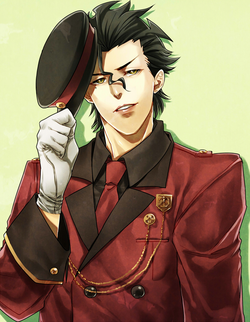 1boy, ahoge, black_hair, fate/zero, fate_(series), gloves, lancer_(fate/zero), military_hat, mitsuki_mitsuno, mole, yellow_eyes