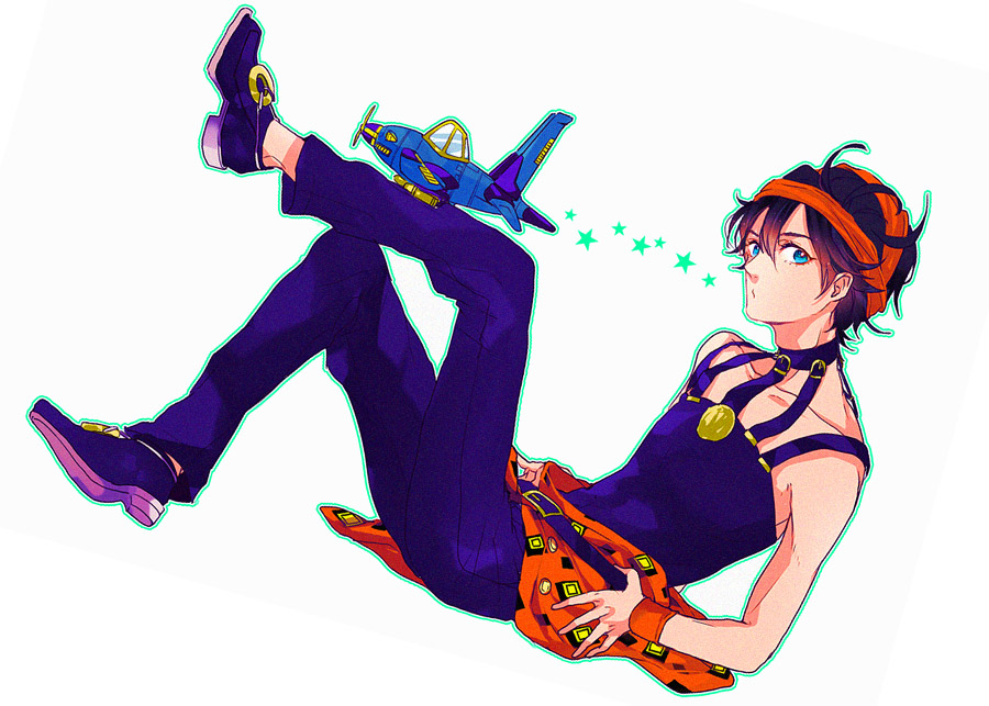 1boy, aerosmith_(stand), airplane, black_hair, blue_eyes, headband, jojo_no_kimyou_na_bouken, narancia_ghirga