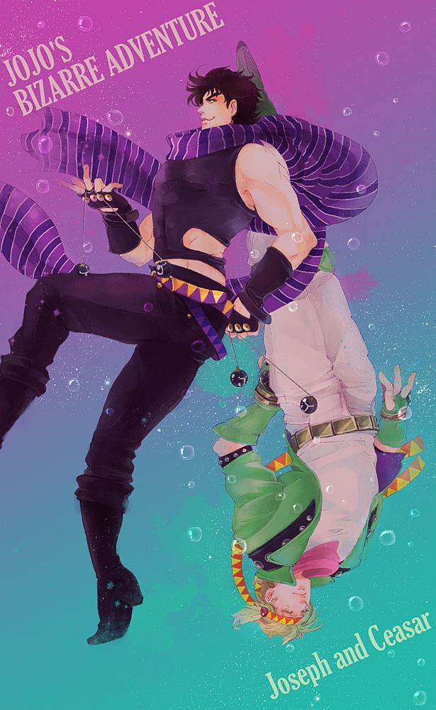 2boys, black_hair, blonde_hair, bola_(weapon), caesar_anthonio_zeppeli, character_name, facial_mark, feathers