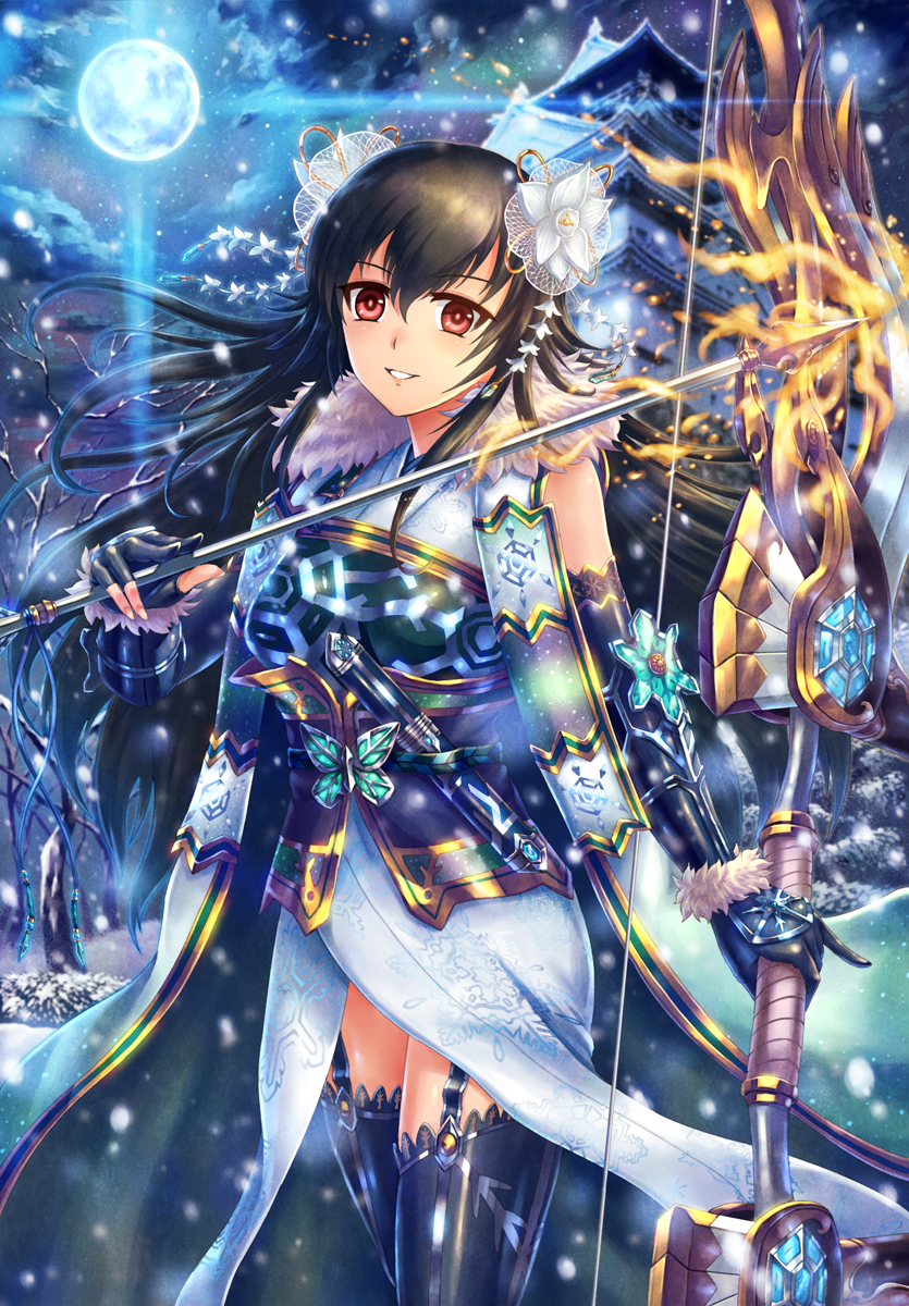 1girl, black_hair, black_legwear, bow_(weapon), cloud, clouds, elbow_gloves, fingerless_gloves, garter_straps, gloves, hair_ornament, highres, looking_at_viewer, moon, night_(sky), obi, original, parted_lips, red_eyes, shingo_(picturepuzzle), sky, solo, thigh-highs, thighhighs, weapon