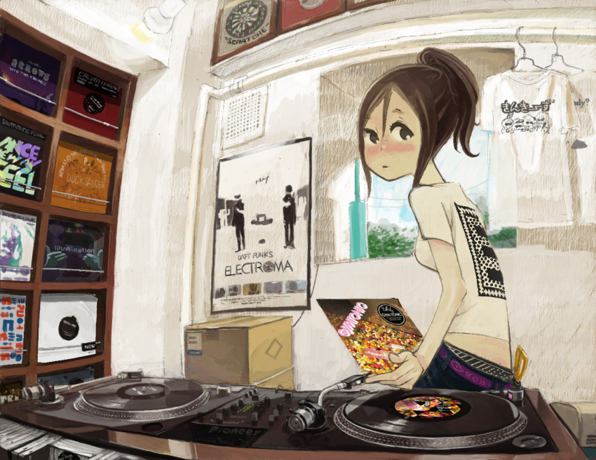 (stag), brown_hair, cardboard_box, dj, lucky_star, mixer, phonograph, ponytail