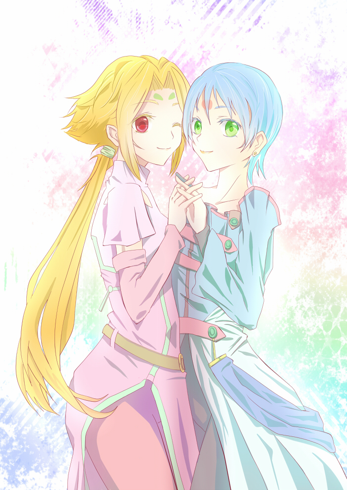 2girls, adult, belt, blonde_hair, blue_hair, detached_sleeves, earrings, facial_mark