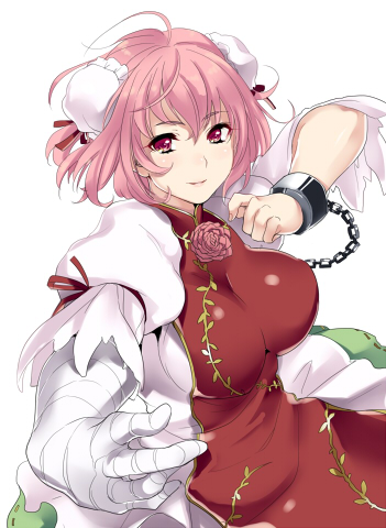 1girl, bandage, bandages, breasts, chinese_clothes, cuffs, double_bun, fighting_stance