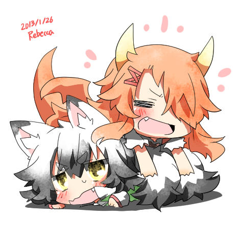 2girls, animal_ears, closed_eyes, eyes_closed, fang, fox_ears, fox_tail, horns, long_hair, lowres, multiple_girls, open_mouth, orange_hair, original, rebecca_(keinelove), shiranui_reika, shirogane_mitsuki, silver_hair, tail, yellow_eyes