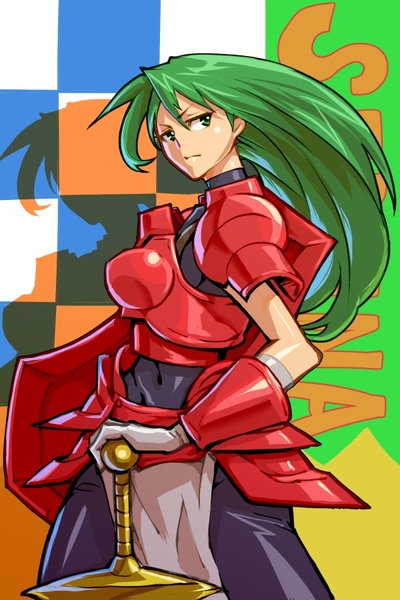 1girl, armor, breastplate, elbow_gloves, faulds, gloves, green_eyes, green_hair, guardian_heroes, kamiomutsu, knight, leotard, long_hair, pauldrons, serena_corsair, shield, solo, sword, vambraces, weapon