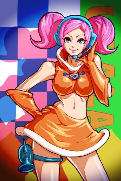 1girl, bare_legs, bare_shoulders, blue_eyes, breasts, contrapposto, crop_top, elbow_gloves