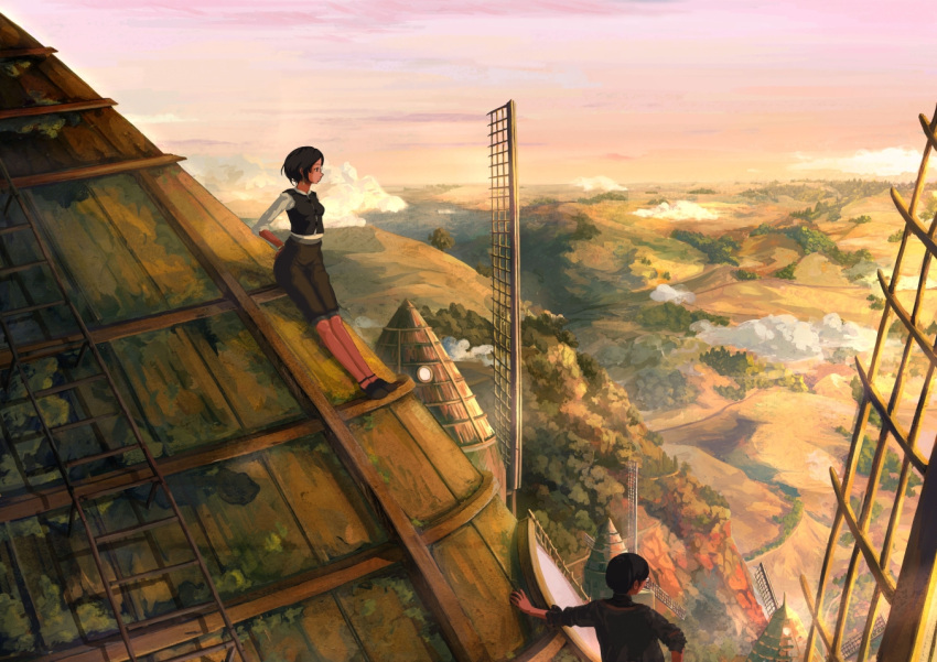 1girl, cloud, clouds, glasses, house, kuchibiru_(lipblue), landscape, nature