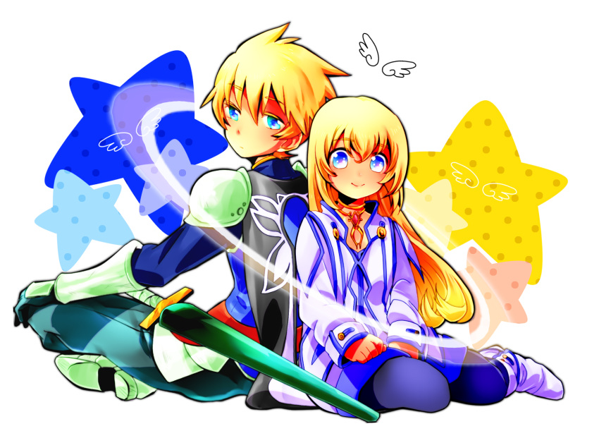 1boy, 1girl, angel_wings, blonde_hair, blue_eyes, choker, colette_brunel, color_connection