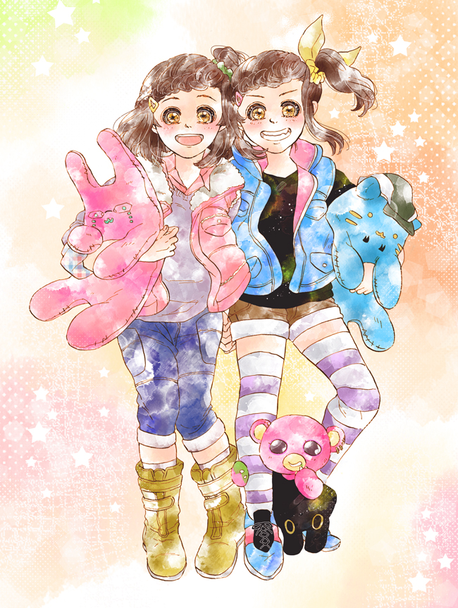 2girls, afglo, bow, brown_eyes, brown_hair, dual_persona, hair_bow, hair_ornament