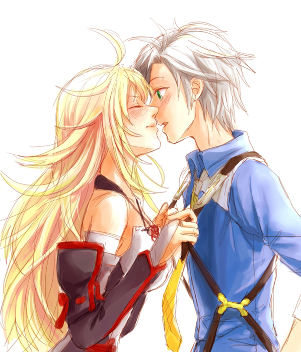 bare_shoulders, blonde_hair, closed_eyes, detached_sleeves, eyes_closed, green_eyes, grey_hair, incipient_kiss