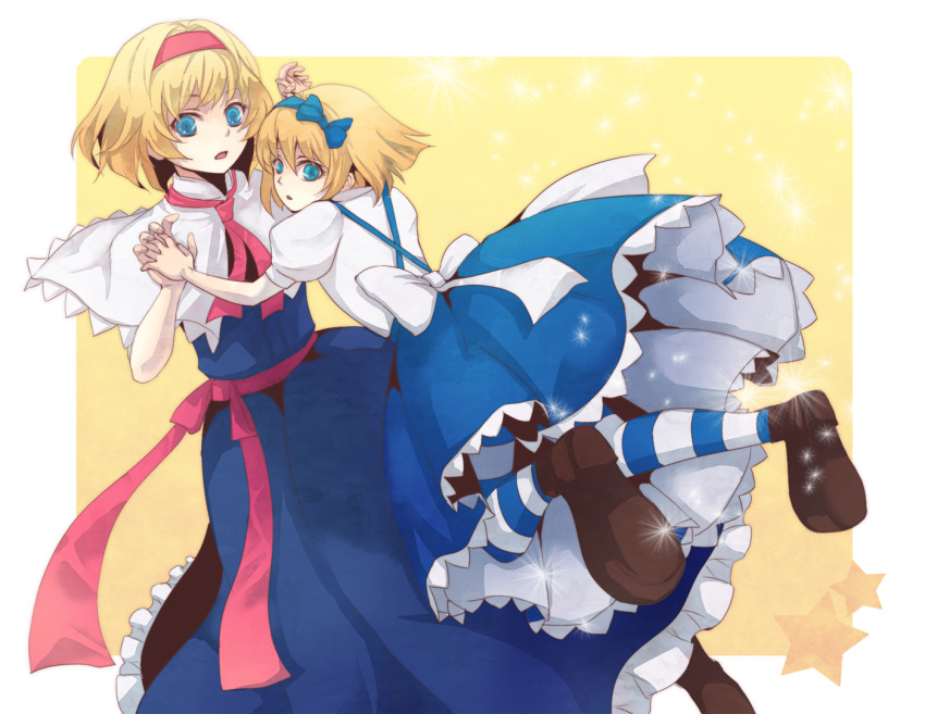 2girls, alice_margatroid, alice_margatroid_(pc-98), blonde_hair, blue_eyes, cape, dual_persona, hair_ribbon