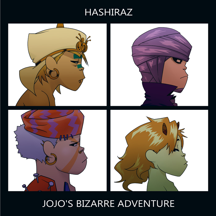 4boys, album_cover, cars_(jojo), cover, earrings, esidisi, facial_mark, gorillaz, hat, head_scarf, horns, jewelry, jojo_no_kimyou_na_bouken, multiple_boys, parody, santana_(jojo), syaofoo, wham