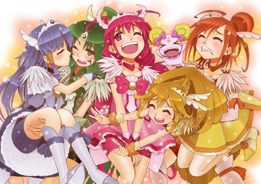 >_<, 5girls, aoki_reika, azarashing_day, bike_shorts, blonde_hair, blue_hair, blush