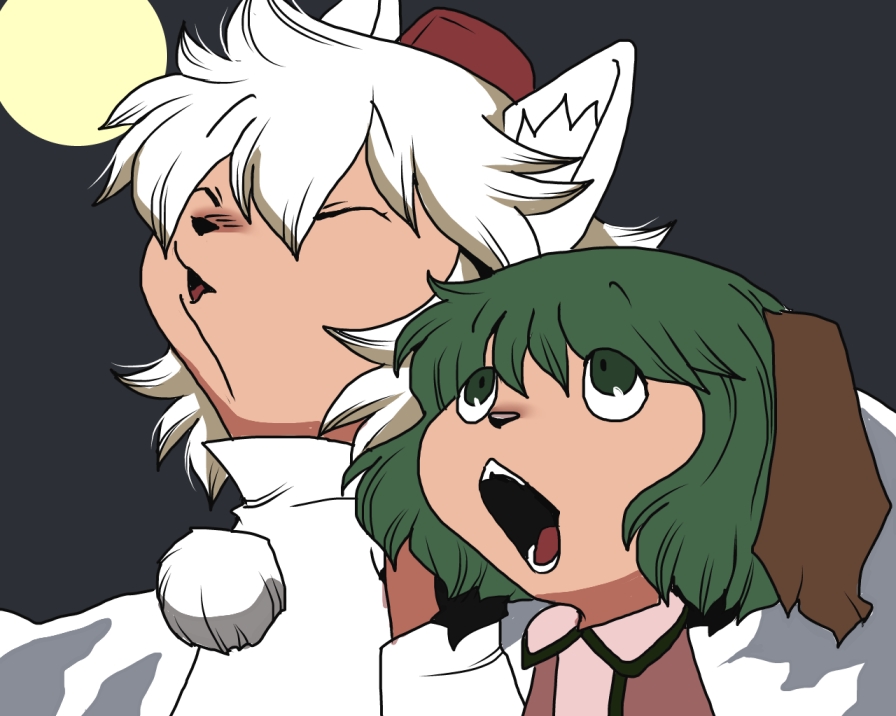 2girls, animal_ears, detached_sleeves, green_eyes, green_hair, hat, howling_at_the_moon, inubashiri_momiji