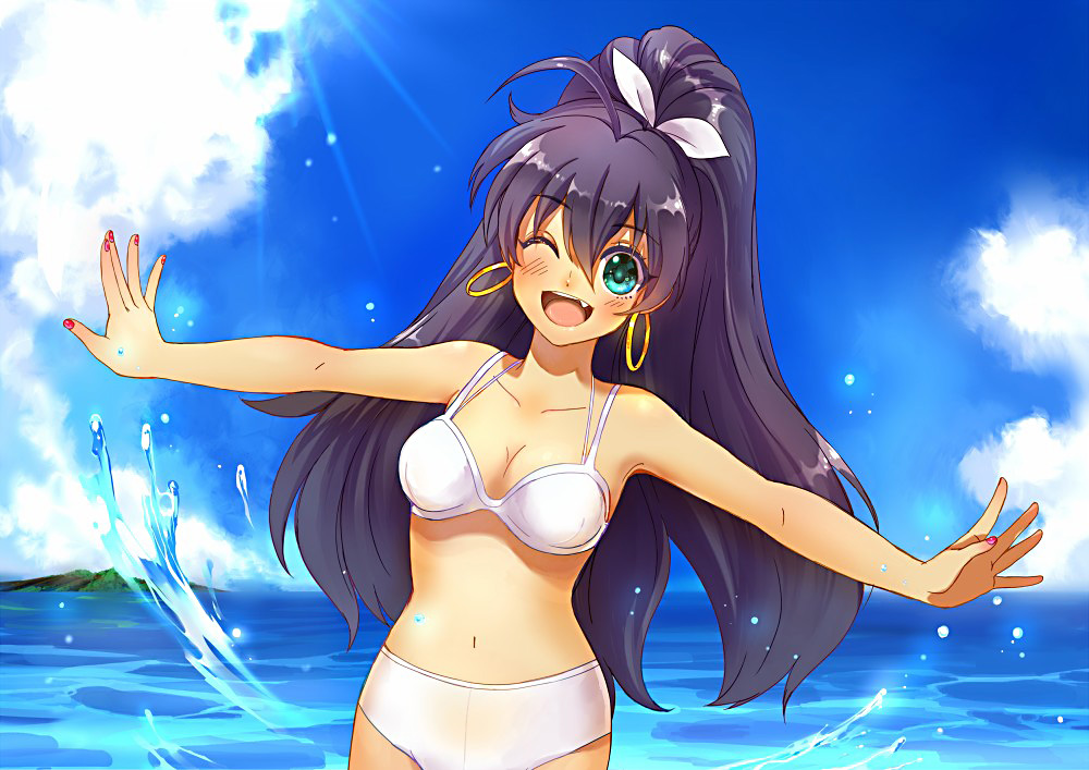1girl, bikini, black_hair, blue_eyes, ganaha_hibiki, idolmaster, long_hair, outstretched_arms