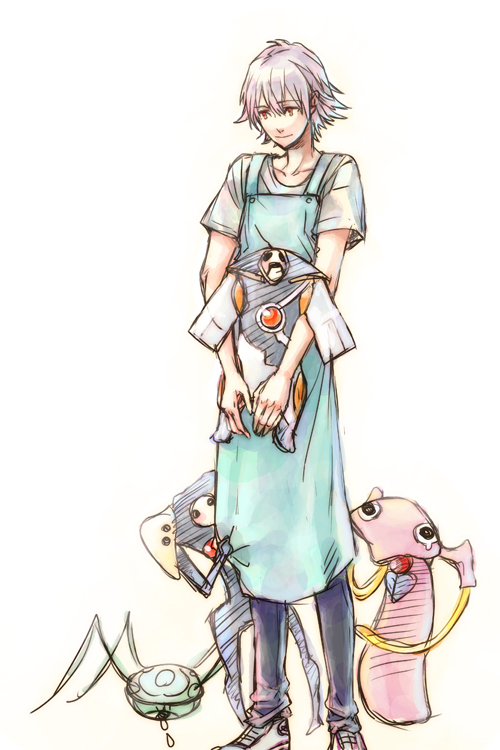 angel_(evangelion), apron, holding, kazamasimaro, matariel, nagisa_kaworu, neon_genesis_evangelion, red_eyes