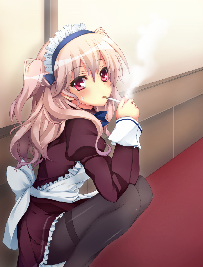 1girl, black_legwear, brown_hair, cigarette, hallway, highres, kaniyashiku, maid