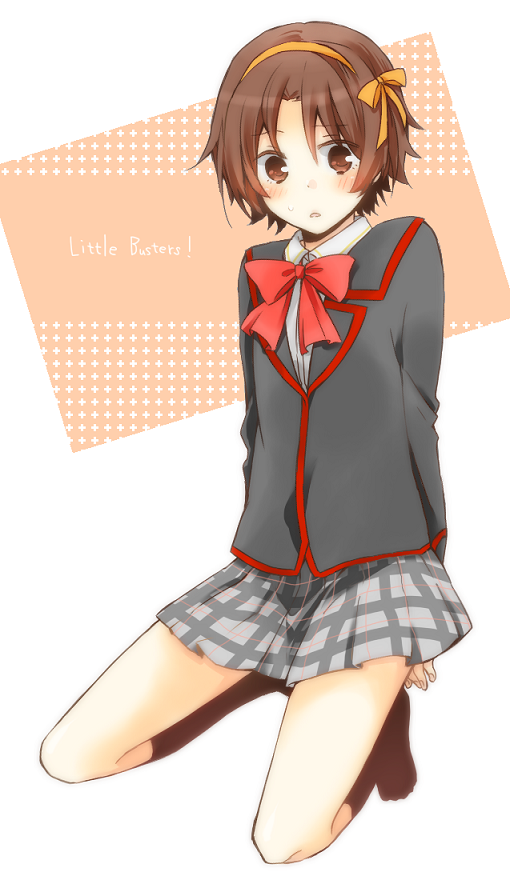 1boy, brown_eyes, brown_hair, crossdressinging, hairband, kneeling, little_busters!!, naoe_riki, plaid, plaid_skirt, school_uniform, short_hair, skirt, touya_mizuki, trap