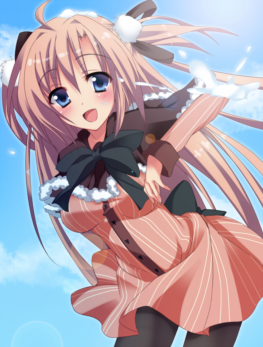 1girl, :d, black_legwear, blue_eyes, breasts, brown_hair, capelet, dress