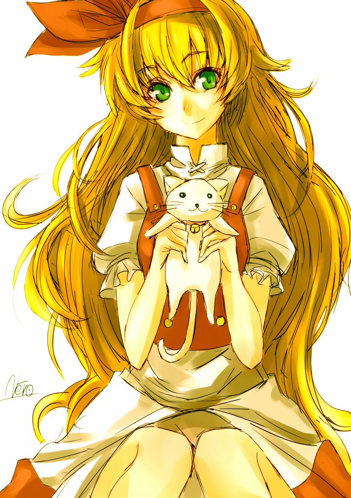 1girl, apron, bell, bell_collar, blonde_hair, cat, collar, ellen, green_eyes, hair_ribbon, head_tilt, holding, kuronuko_neero, long_hair, looking_at_viewer, puffy_sleeves, ribbon, short_sleeves, signature, sitting, smile, sokrates_(touhou), touhou, touhou_(pc-98), very_long_hair, waist_apron