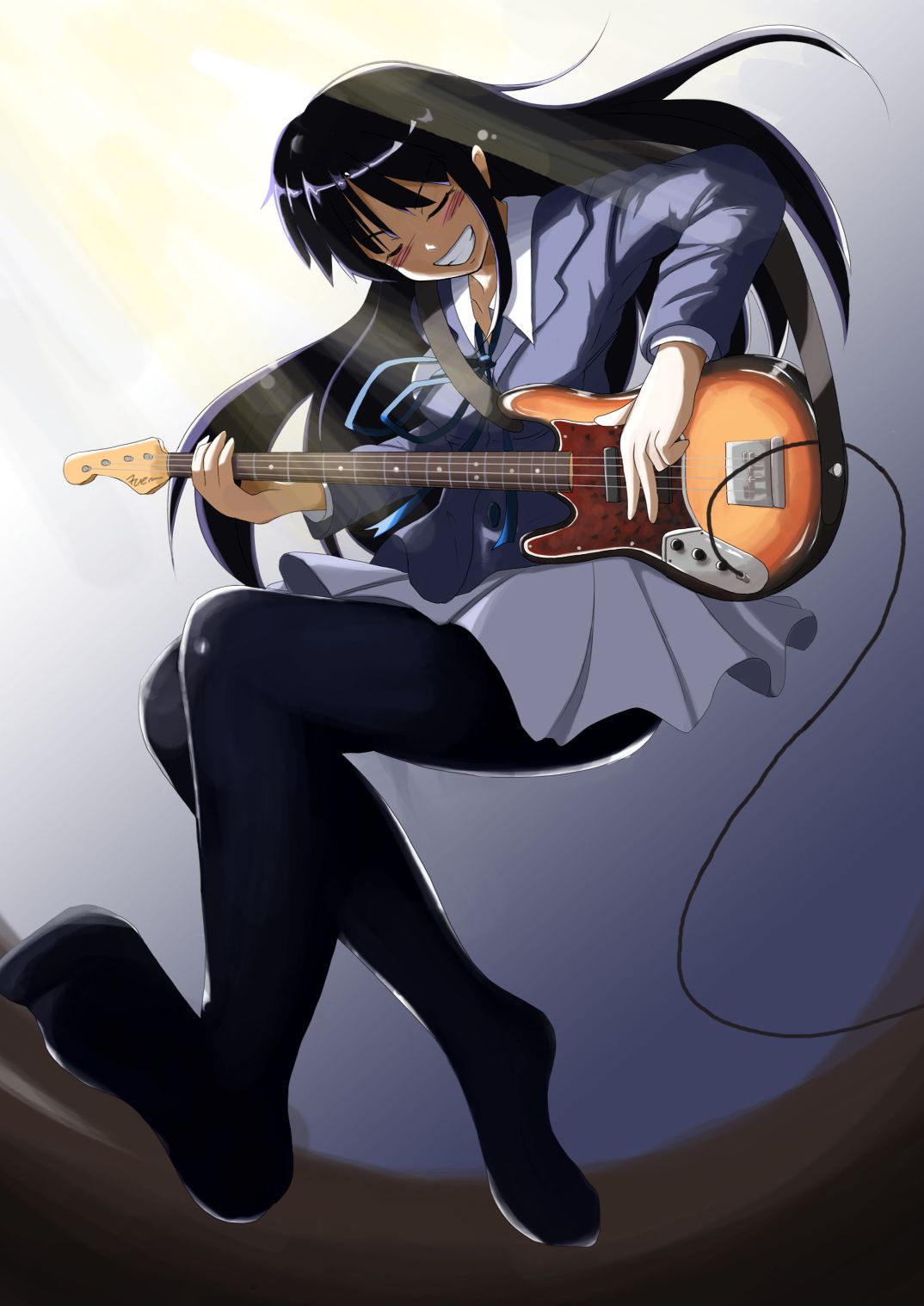 1girl, akiyama_mio, bass_guitar, black_eyes, black_hair, blush, daizumi, grin