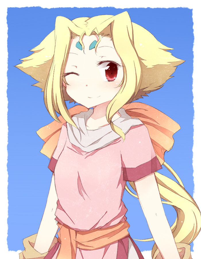 1girl, blonde_hair, character_request, fiona_(zoids), fuuen_(akagaminanoka), long_hair, red_eyes, smile