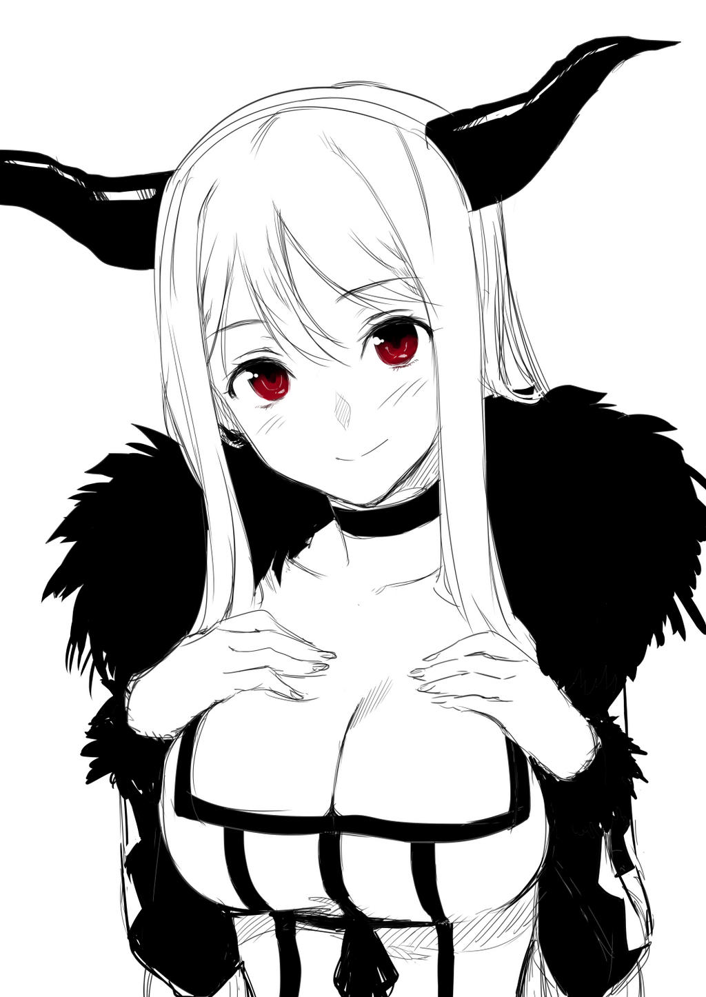 1girl, blush, breast_suppress, breasts, bust, choker, cleavage, demon_girl