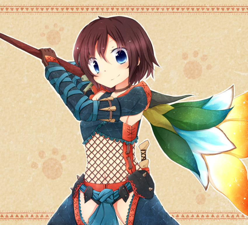 blue_eyes, brown_hair, fishnets, fuuen_(akagaminanoka), hunting_horn, looking_at_viewer, monster_hunter, nargacuga_(armor)