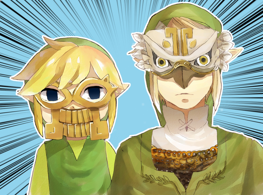black_eyes, blonde_hair, dual_persona, hat, link, mask, nintendo, pointy_ears