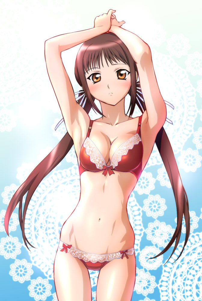 arms_up, bra, breasts, brown_eyes, brown_hair, cleavage, curvy, houjouin_seika