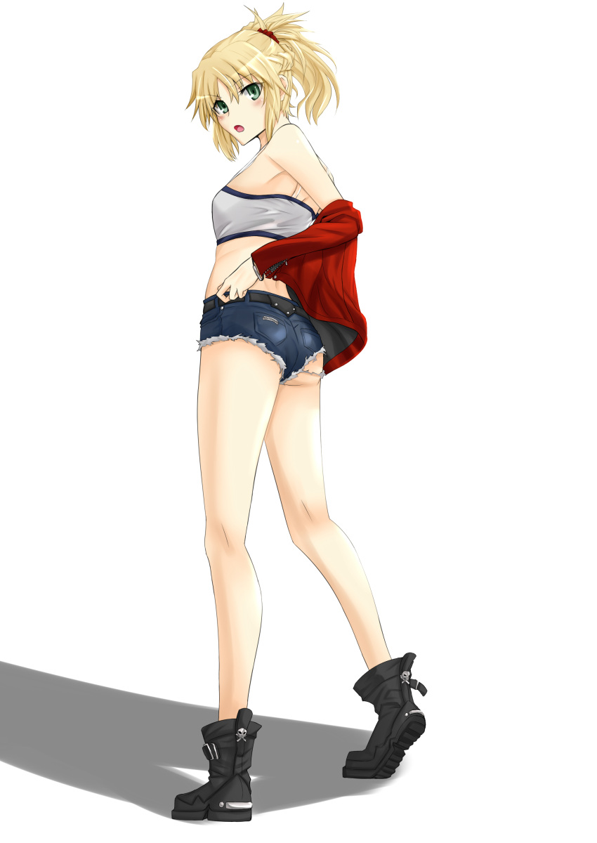 1girl, absurdres, ass, blonde_hair, boots, cutoffs, denim, denim_shorts