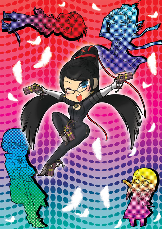 bayonetta_(character), black_hair, blue_eyes, bodysuit, breasts, cereza, chibi, dual_wielding, earrings, eyeshadow, glasses, gloves, gun, handgun, jeanne_(bayonetta), jewelry, long_hair, luka_redgrave, mole, open_mouth, pistol, r10, rodin, shoes, very_long_hair, weapon, wink