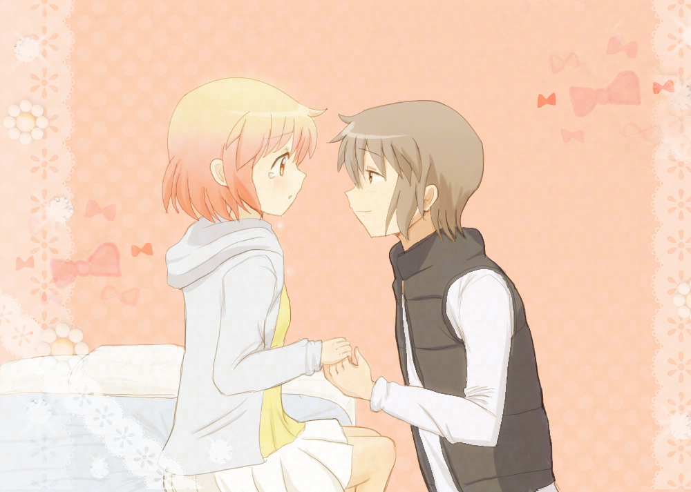 1boy, 1girl, brown_hair, couple, hoodie, kotoura-san, kotoura_haruka, manabe_yoshihisa