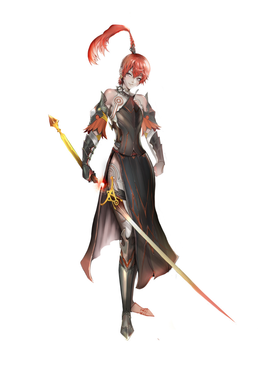 1girl, absurdres, armor, bare_shoulders, highres, mingou91, original, ponytail, red_eyes, red_hair, redhead, smile, solo, sword, weapon