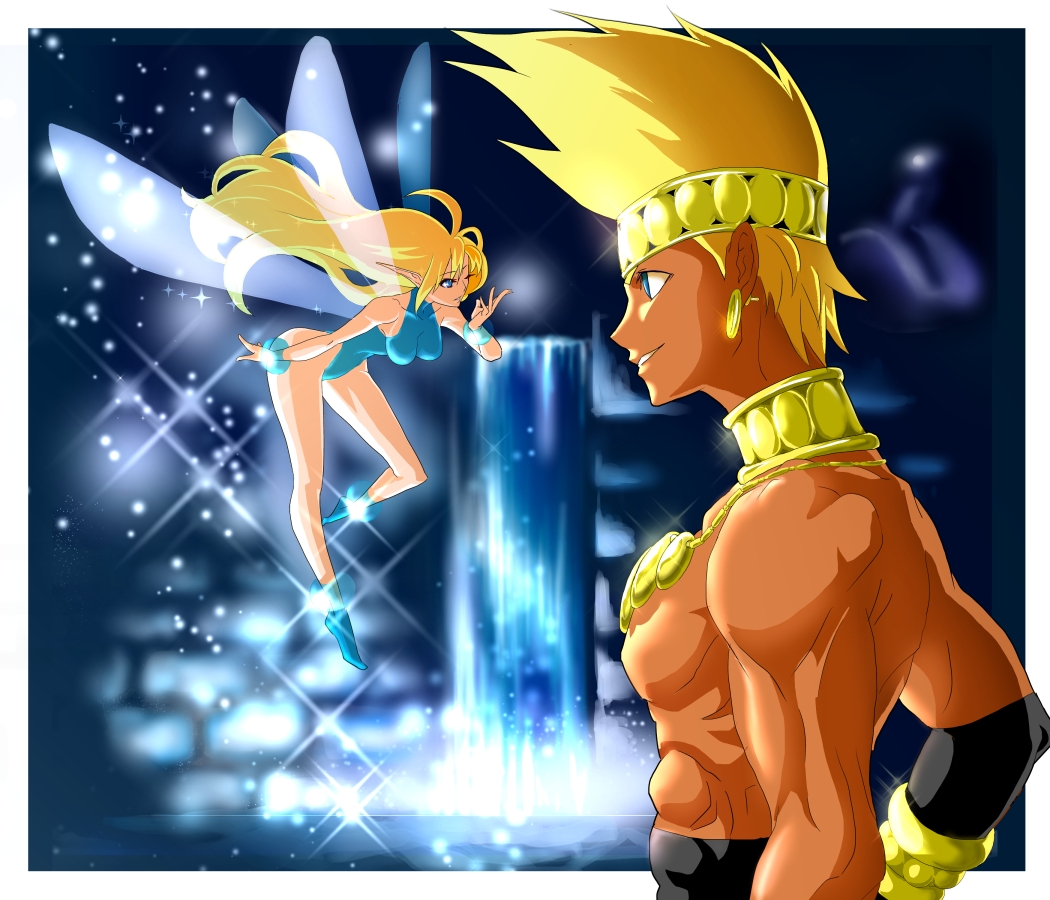 1boy, 1girl, abs, bare_shoulders, big_hair, blonde_hair, blue_eyes, breasts