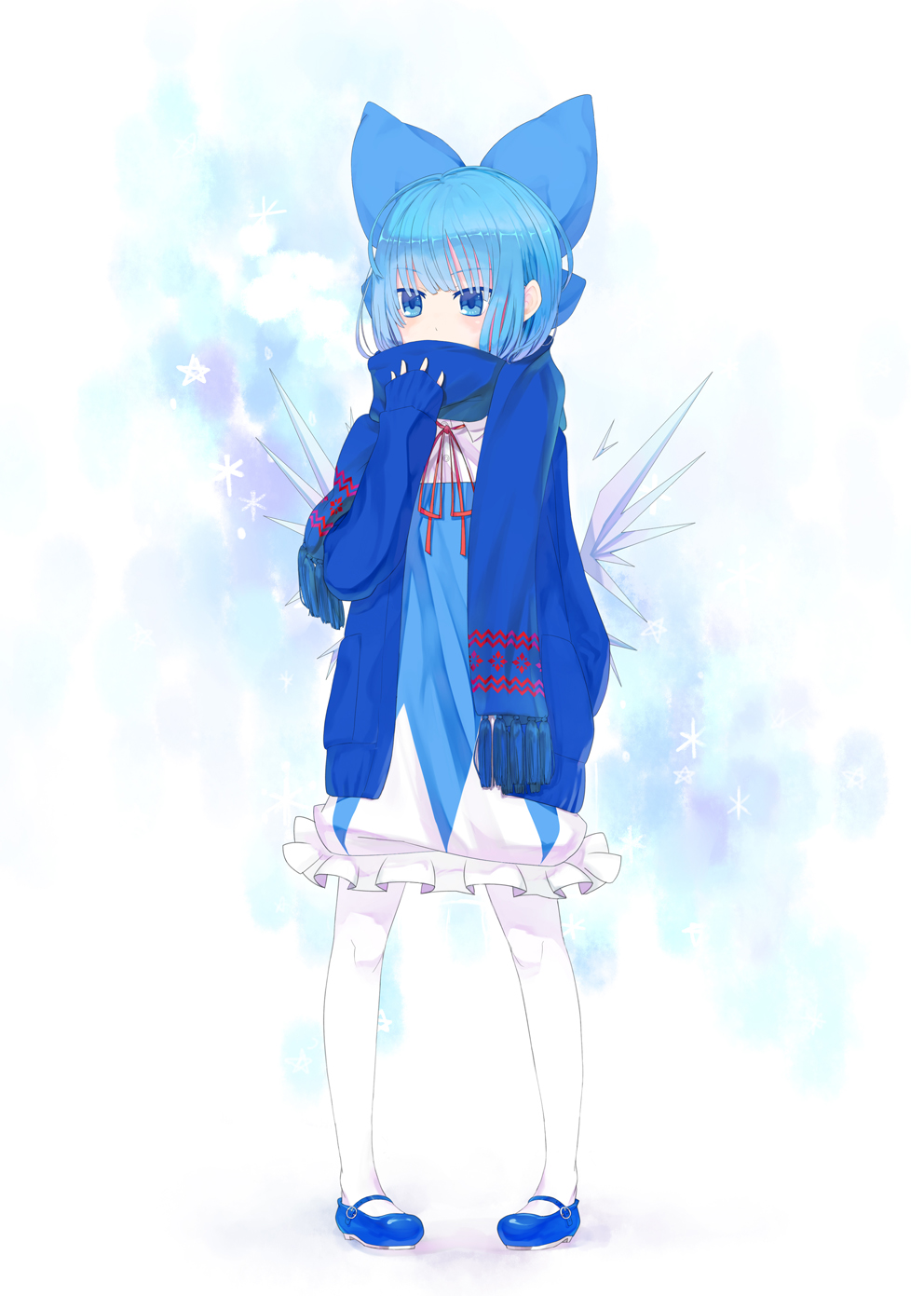 1girl, blue_eyes, blue_hair, bow, cirno, hair_bow, highres, ice