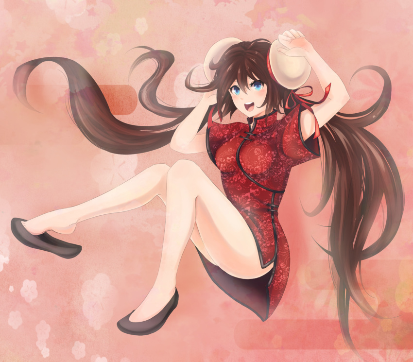 1girl, bare_legs, blue_eyes, blush, breasts, brown_hair, bun_cover, china_dress