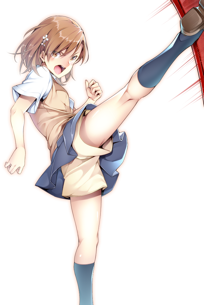 1girl, brown_eyes, brown_hair, hair_ornament, hairpin, high_kick, kicking, legs