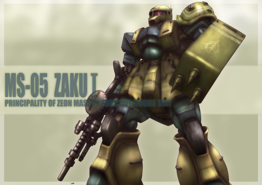 glowing, glowing_eyes, gun, gundam, machine_gun, mecha, mobile_suit_gundam, no_humans, science_fiction, shield, signature, solo, spikes, viridian-c, weapon, zaku, zaku_i, zeon