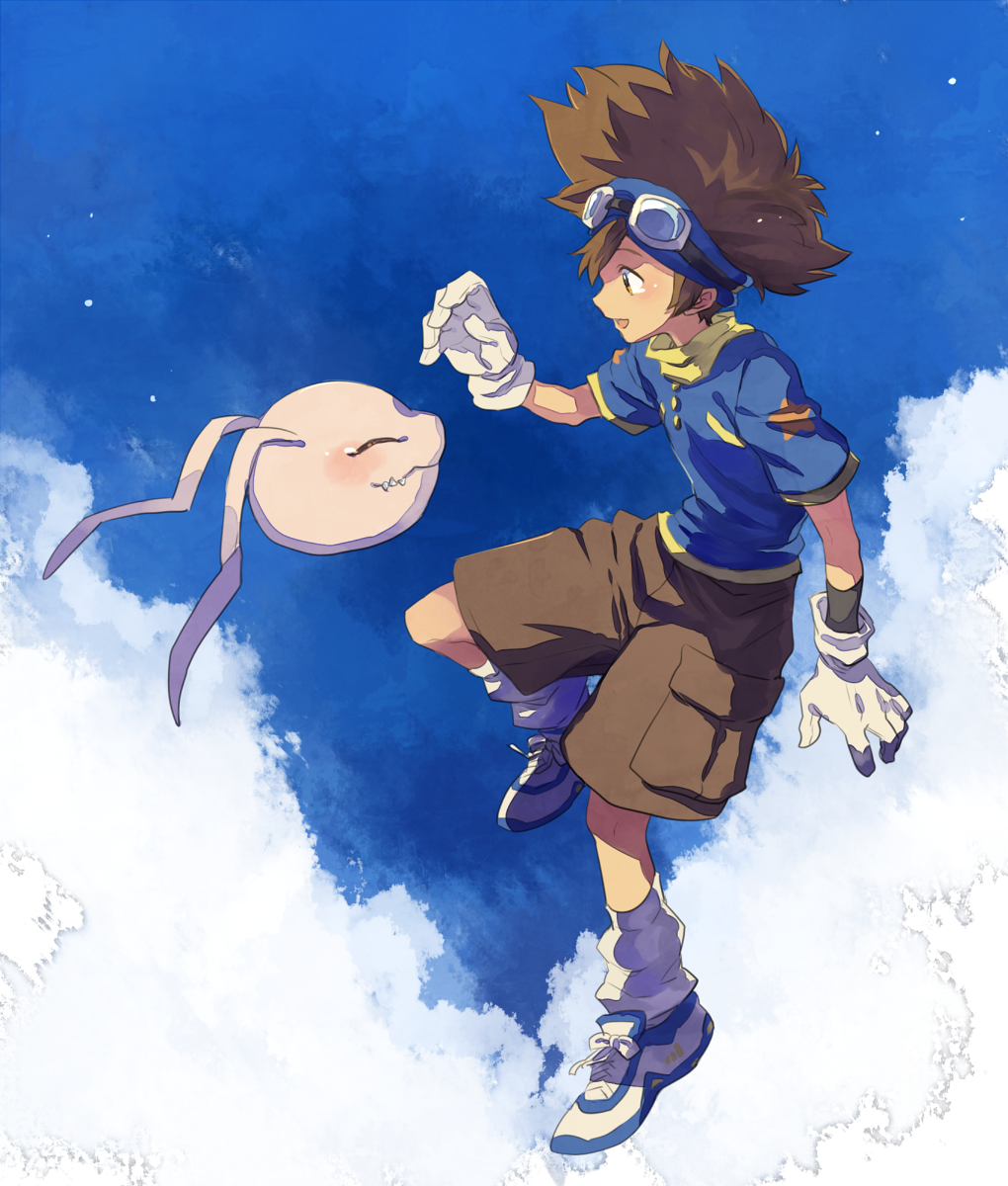 1boy, antennae, brown_eyes, brown_hair, cloud, clouds, creature, digimon