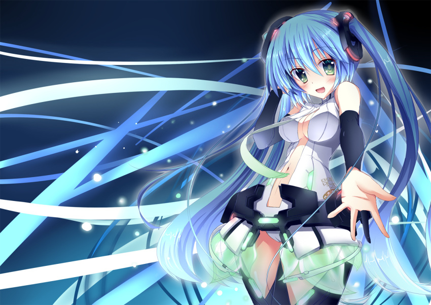 azican, blue_hair, bridal_gauntlets, center_opening, green_eyes, hatsune_miku, hatsune_miku_(append), long_hair