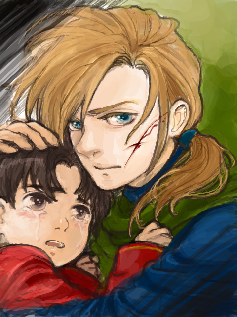 2boys, blonde_hair, blood, blue_eyes, brown_eyes, brown_hair, cape, crying