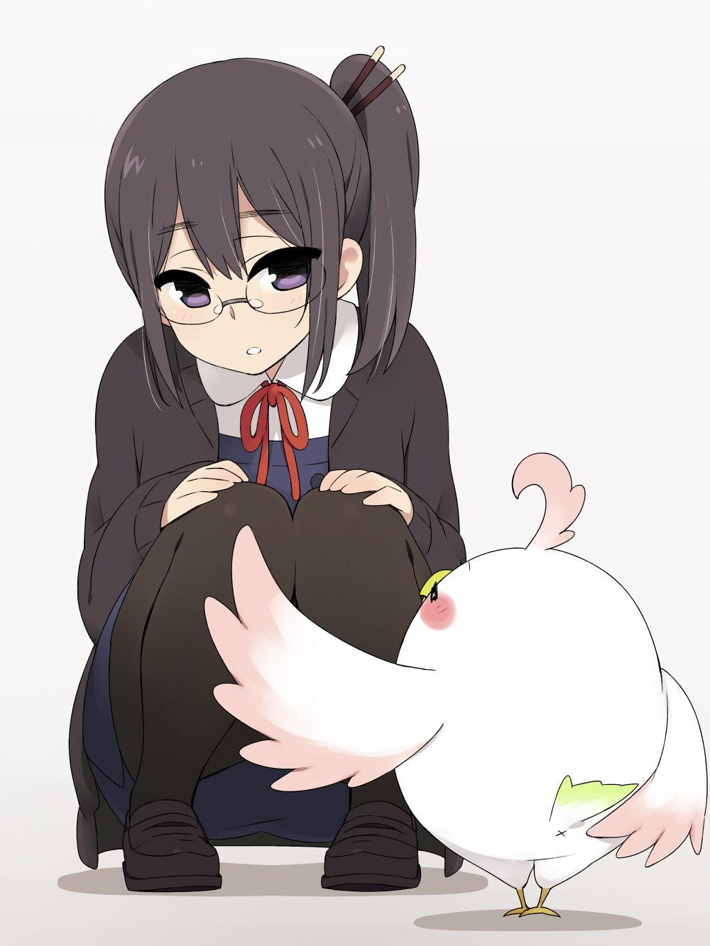 1girl, asagiri_shiori, black_hair, black_legwear, blush, cardigan, chan_co, dera_mochi'mazzui, dera_mochi'mazzui, glass, glasses, hair_stick, hands_on_knees, highres, loafers, long_hair, open_cardigan, pantyhose, purple_eyes, school_uniform, shoes, side_ponytail, simple_background, squatting, tamako_market, violet_eyes