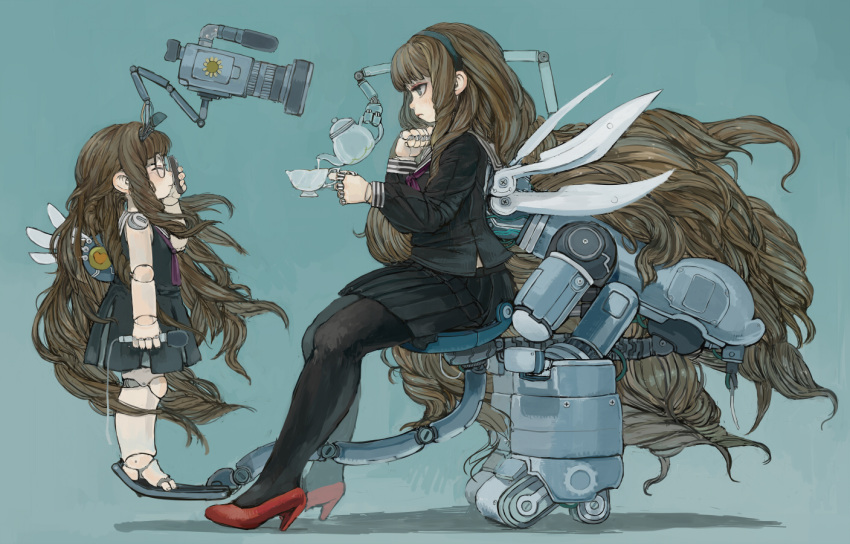 2girls, android, brown_hair, cup, curly_hair, glasses, grey_eyes, high_heels