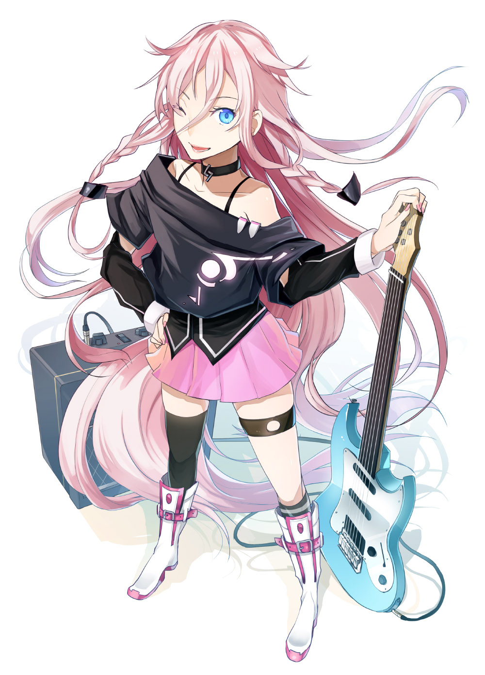 boots, bra_strap, collar, guitar, highres, ia_(vocaloid), instrument, kgr