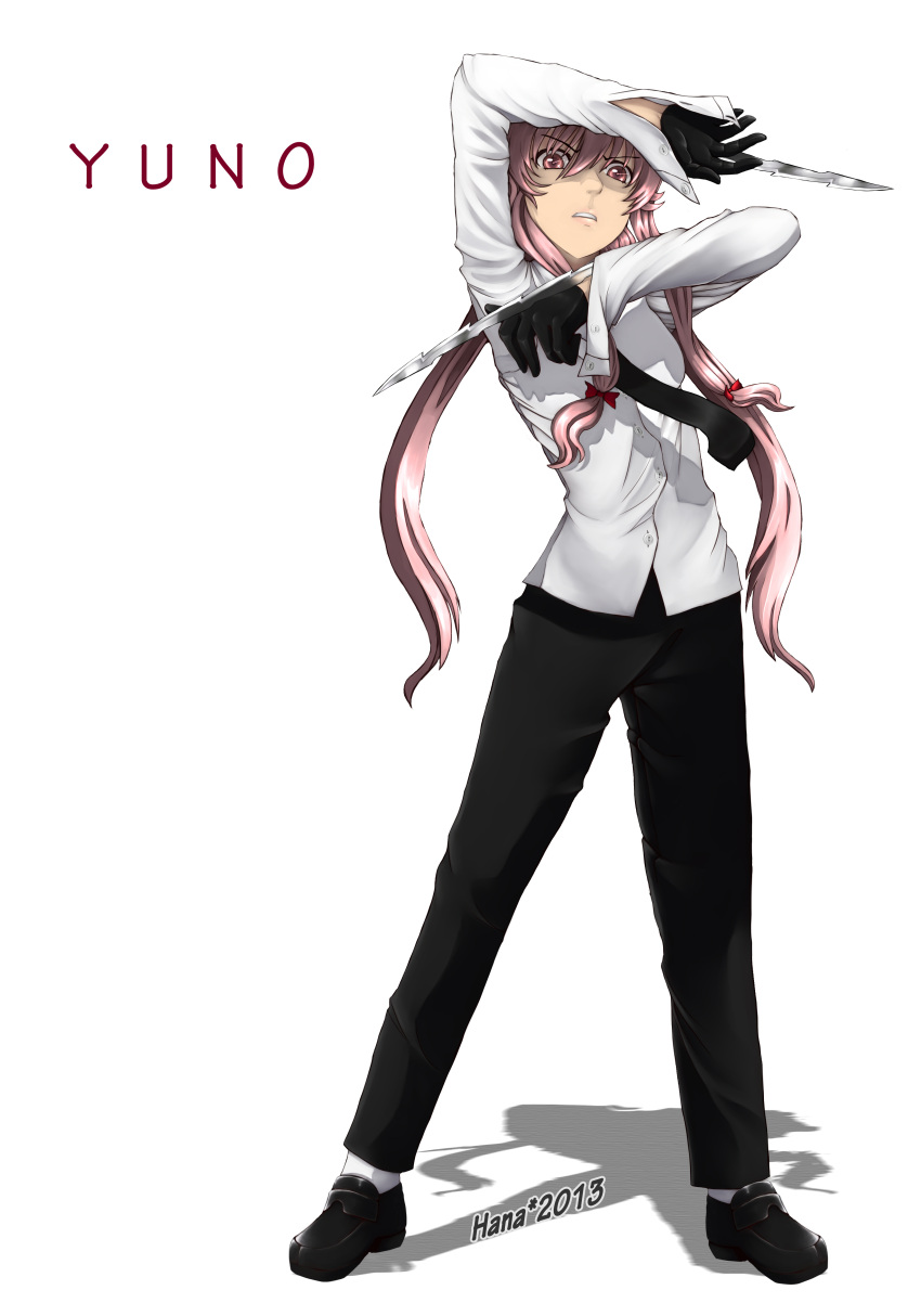 absurdres, black_gloves, blade, bow, dual_wielding, formal, gasai_yuno, gloves, hana_keijou, hanakeijou, hidden_blade, highres, mirai_nikki, necktie, pants, pink_eyes, pink_hair, shirt, solo, suit, twintails, weapon