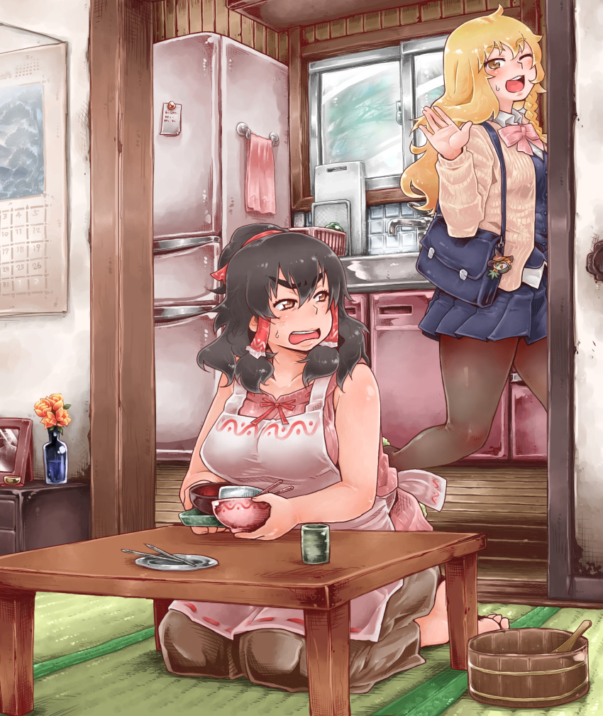 anger_vein, bag, black_hair, black_legwear, blonde_hair, blush, bow, bowl, brown_eyes, calendar_(object), chopsticks, commentary, cup, flower, hair_bow, hair_tubes, hakurei_reimu, highres, kirisame_marisa, kneeling, long_hair, multiple_girls, open_mouth, pantyhose, pleated_skirt, plump, refrigerator, school_uniform, short_hair, skirt, sweatdrop, table, tobatoinu, touhou, towel, window, wink