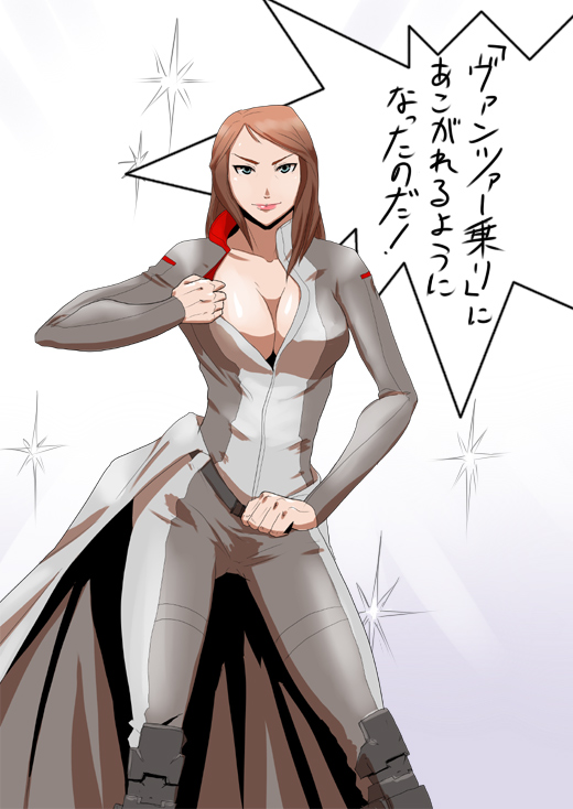 1girl, adela_seawell, belt, blue_eyes, breasts, brown_hair, cleavage, collarbone, d_(atelierd), front_mission, front_mission_evolved, large_breasts, lips, long_hair, open_clothes, pilot_suit, solo, sparkle, translation_request, white_background