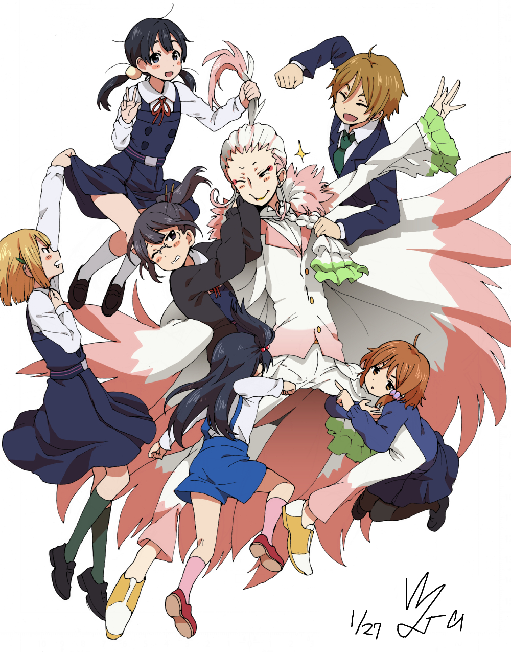 5girls, asagiri_shiori, black_eyes, black_hair, black_legwear, blonde_hair, blush, brown_eyes